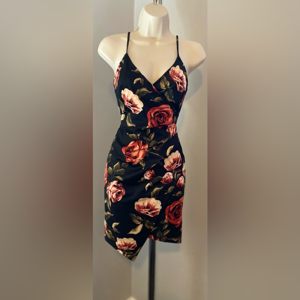 Akira Black Floral Print Faux Wrap Ruched Mini Dress S
